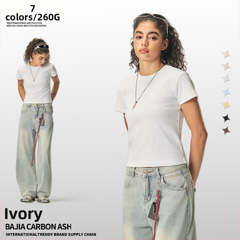 Ljetni crop-top u američkom stilu, kratki rukav, ženski slim-fit T-shirt jedne boje, 260 g