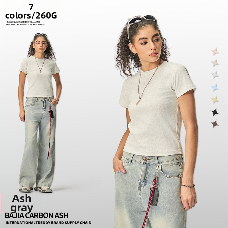Ljetni crop-top u američkom stilu, kratki rukav, ženski slim-fit T-shirt jedne boje, 260 g