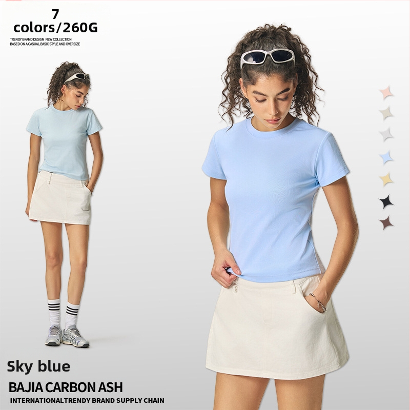 Ljetni crop-top u američkom stilu, kratki rukav, ženski slim-fit T-shirt jedne boje, 260 g
