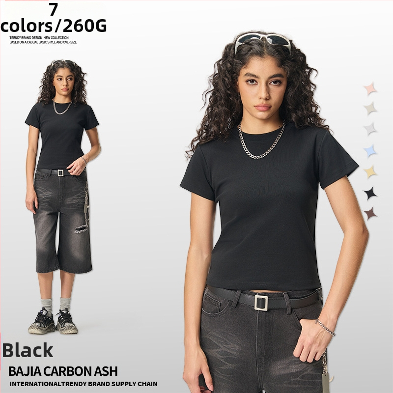 Ljetni crop-top u američkom stilu, kratki rukav, ženski slim-fit T-shirt jedne boje, 260 g
