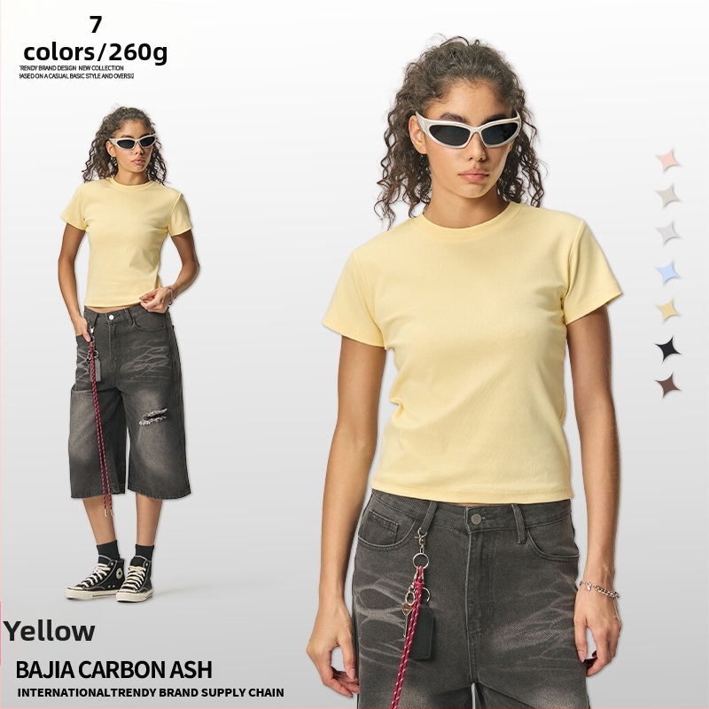 Ljetni crop-top u američkom stilu, kratki rukav, ženski slim-fit T-shirt jedne boje, 260 g