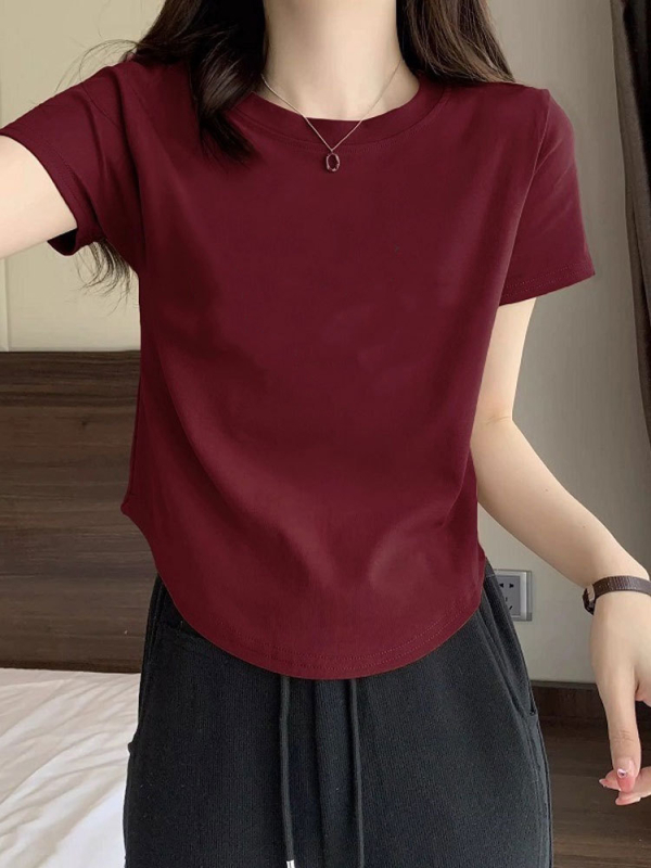 Γυναικείο T‑shirt από 100% βαμβάκι με καμπύλο τελείωμα και ακανόνιστο κόψιμο, μονόχρωμο, κοντά μανίκια, στενή γραμμή για καλοκαίρι — νέο σχέδιο