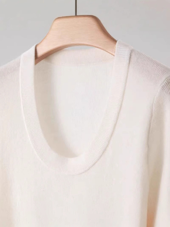 Γυναικείο πλεκτό T-shirt από μαλλί Merino, με λαιμό U, 100% εξαιρετικά λεπτό Merino μαλλί, κοντά μανίκια, άνοιξη–καλοκαίρι