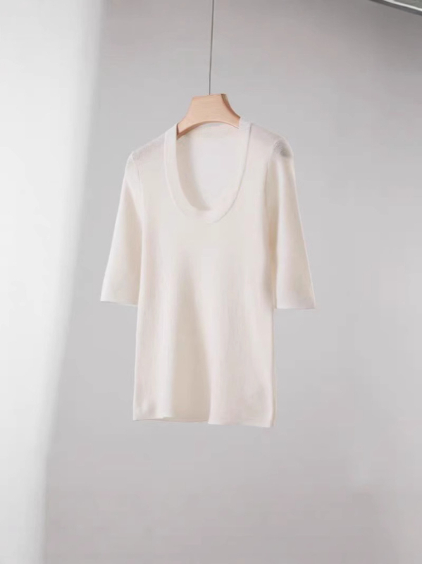 Γυναικείο πλεκτό T-shirt από μαλλί Merino, με λαιμό U, 100% εξαιρετικά λεπτό Merino μαλλί, κοντά μανίκια, άνοιξη–καλοκαίρι