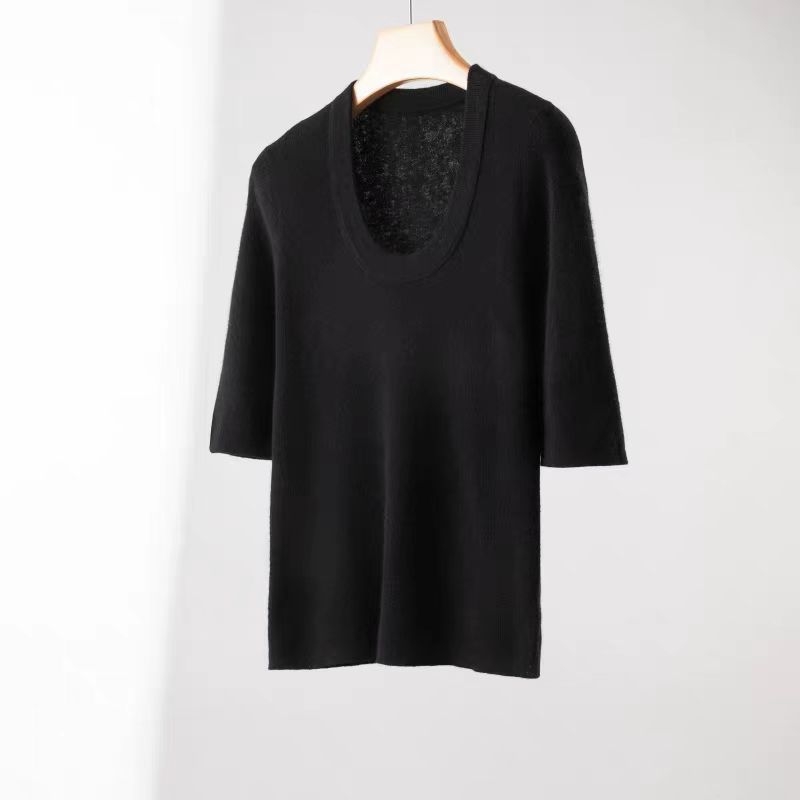 Γυναικείο πλεκτό T-shirt από μαλλί Merino, με λαιμό U, 100% εξαιρετικά λεπτό Merino μαλλί, κοντά μανίκια, άνοιξη–καλοκαίρι