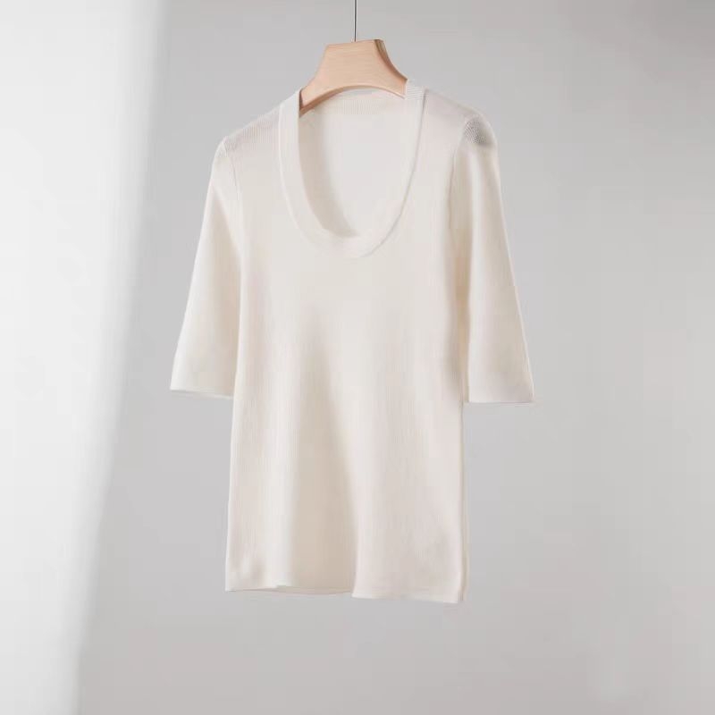 Γυναικείο πλεκτό T-shirt από μαλλί Merino, με λαιμό U, 100% εξαιρετικά λεπτό Merino μαλλί, κοντά μανίκια, άνοιξη–καλοκαίρι