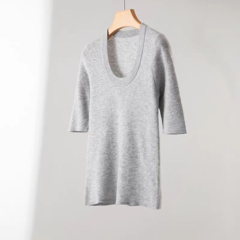 Γυναικείο πλεκτό T-shirt από μαλλί Merino, με λαιμό U, 100% εξαιρετικά λεπτό Merino μαλλί, κοντά μανίκια, άνοιξη–καλοκαίρι