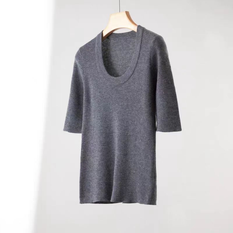 Γυναικείο πλεκτό T-shirt από μαλλί Merino, με λαιμό U, 100% εξαιρετικά λεπτό Merino μαλλί, κοντά μανίκια, άνοιξη–καλοκαίρι