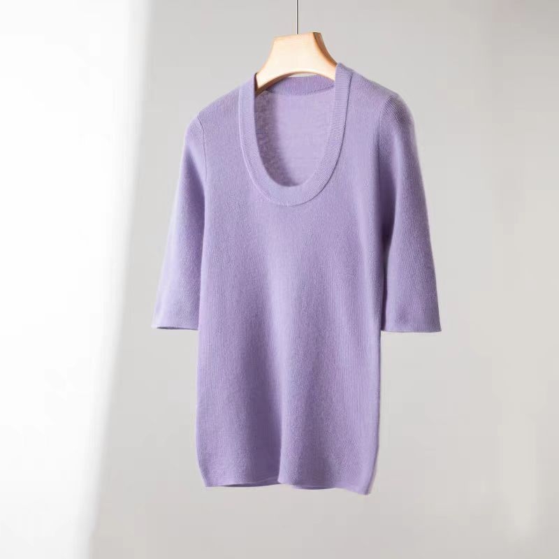 Γυναικείο πλεκτό T-shirt από μαλλί Merino, με λαιμό U, 100% εξαιρετικά λεπτό Merino μαλλί, κοντά μανίκια, άνοιξη–καλοκαίρι
