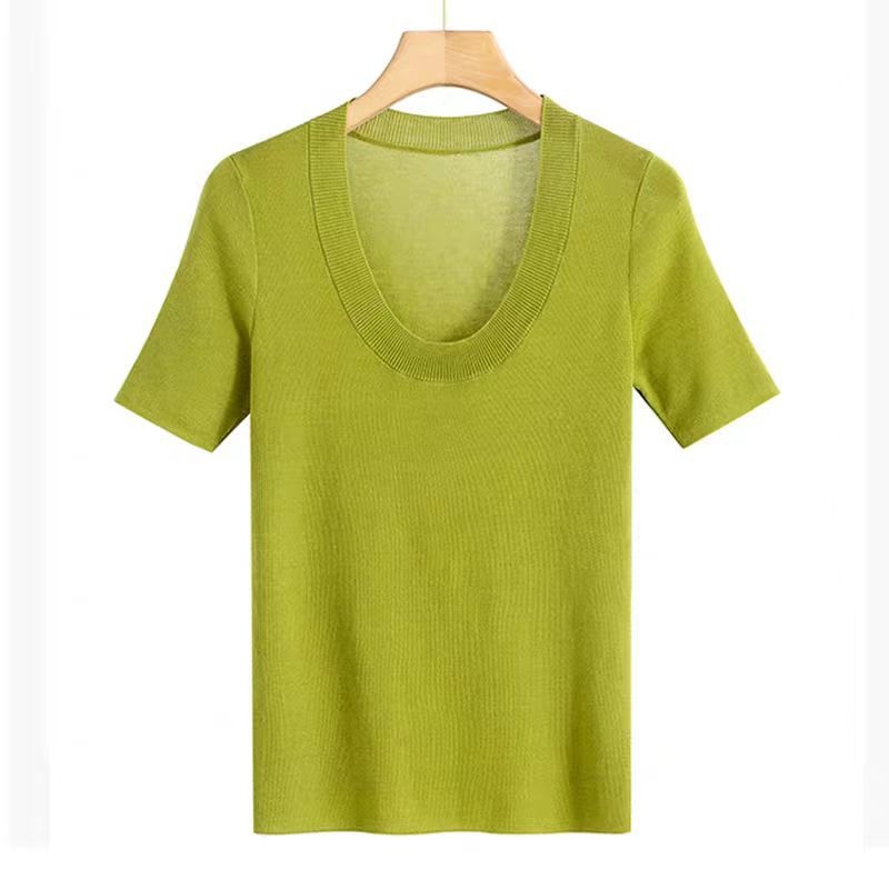 Γυναικείο πλεκτό T-shirt από μαλλί Merino, με λαιμό U, 100% εξαιρετικά λεπτό Merino μαλλί, κοντά μανίκια, άνοιξη–καλοκαίρι