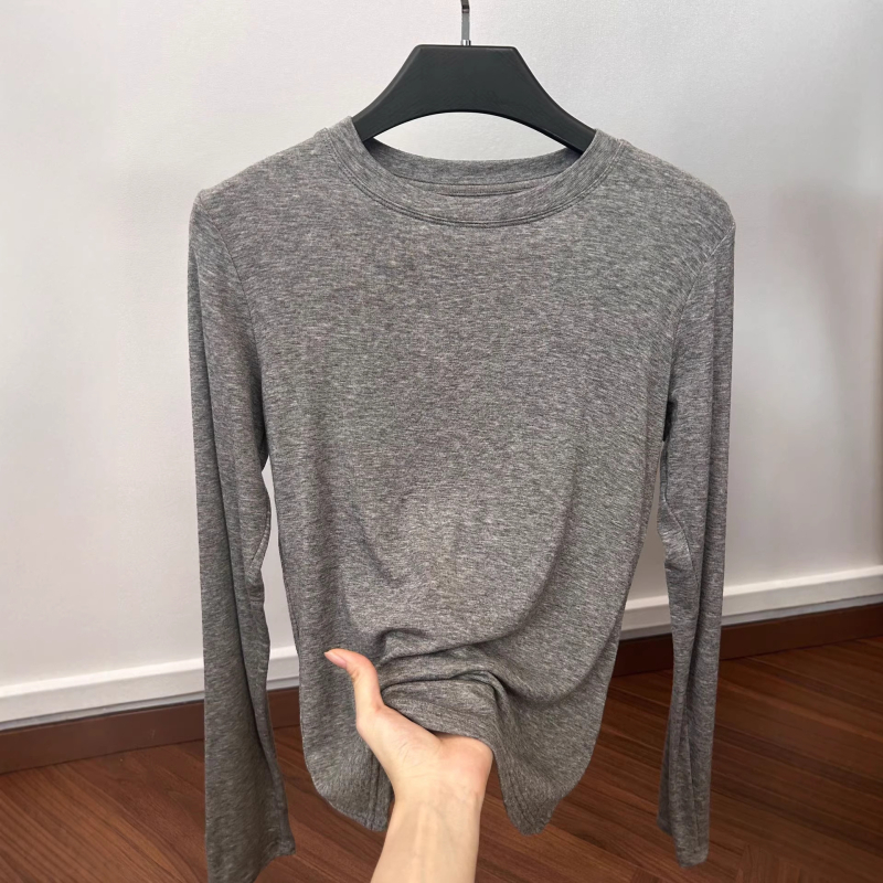 Γυναικείο μακρυμάνικο T‑shirt από μείξη μαλλιού και λυοσελλ, μονόχρωμο, απαλό και άνετο βασικό top