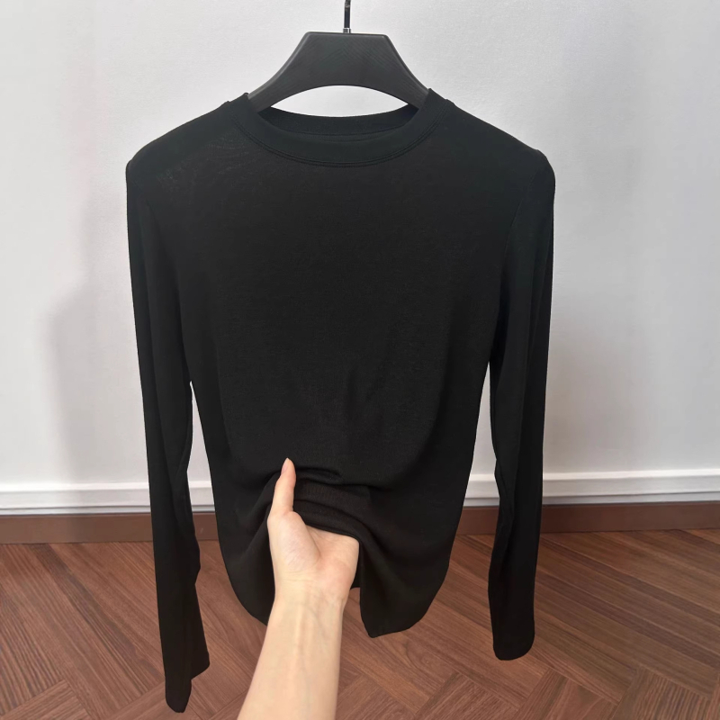 Γυναικείο μακρυμάνικο T‑shirt από μείξη μαλλιού και λυοσελλ, μονόχρωμο, απαλό και άνετο βασικό top
