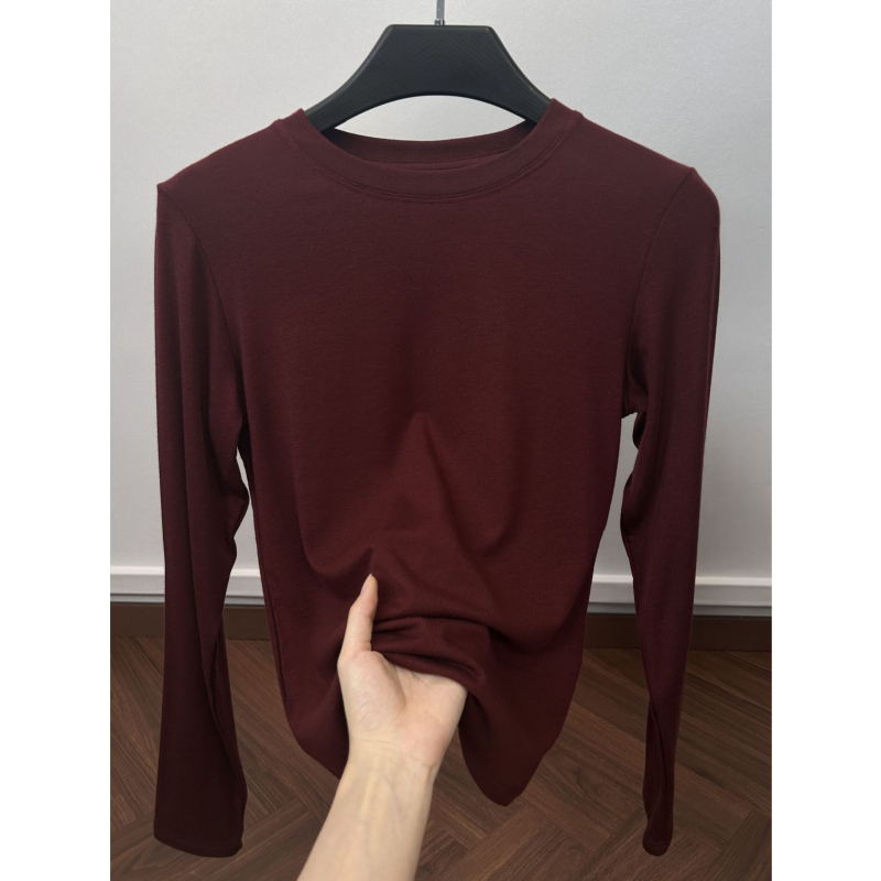 Γυναικείο μακρυμάνικο T‑shirt από μείξη μαλλιού και λυοσελλ, μονόχρωμο, απαλό και άνετο βασικό top