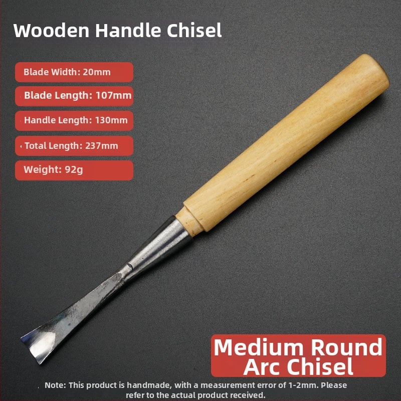 Polkruhové dláto na rezbárstvo s drevenou rúčkou, oblúkový tvar, čepeľ z vysokouhlíkovej ocele