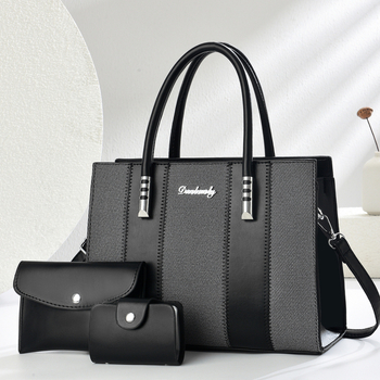 Set od tri ženske torbe s kontrastnim šivanjem — moderna velika Tote torba za rame ili crossbody