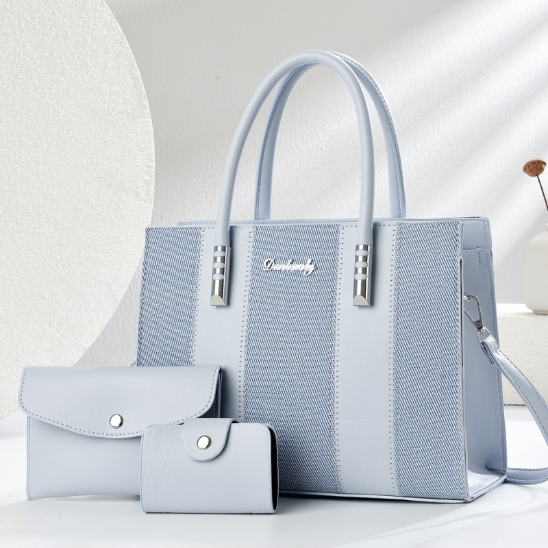 Set od tri ženske torbe s kontrastnim šivanjem — moderna velika Tote torba za rame ili crossbody