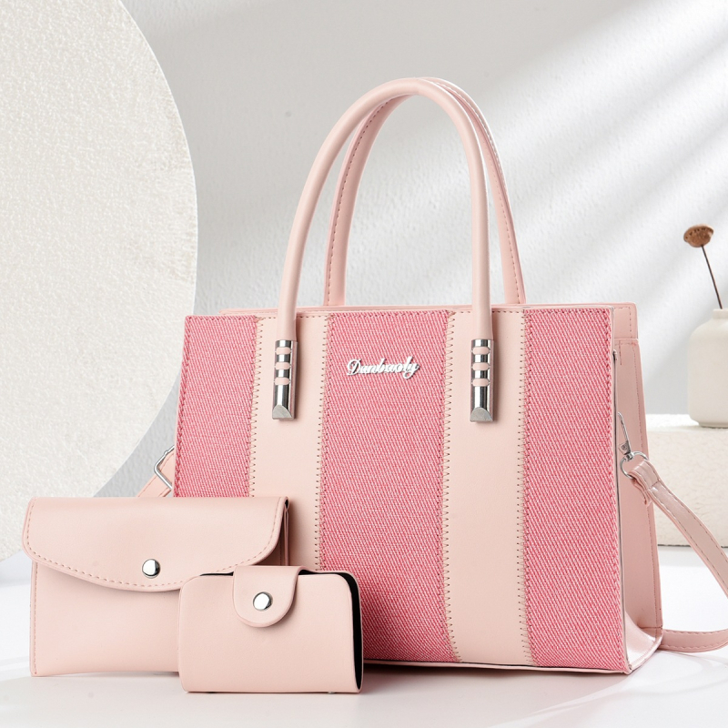 Set od tri ženske torbe s kontrastnim šivanjem — moderna velika Tote torba za rame ili crossbody
