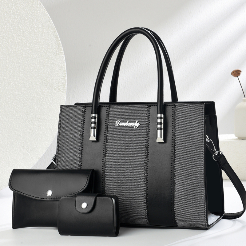 Set od tri ženske torbe s kontrastnim šivanjem — moderna velika Tote torba za rame ili crossbody