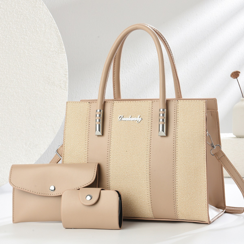 Set od tri ženske torbe s kontrastnim šivanjem — moderna velika Tote torba za rame ili crossbody