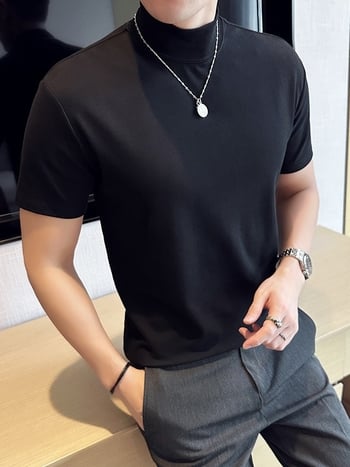 Ανδρικό T‑shirt με κοντό μανίκι, ψηλή λαιμόκοψη, βαμβακερή σύνθεση, μονόχρωμο, χαλαρή εφαρμογή