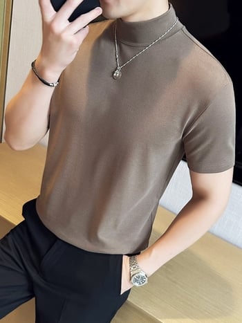 Ανδρικό T‑shirt με κοντό μανίκι, ψηλή λαιμόκοψη, βαμβακερή σύνθεση, μονόχρωμο, χαλαρή εφαρμογή