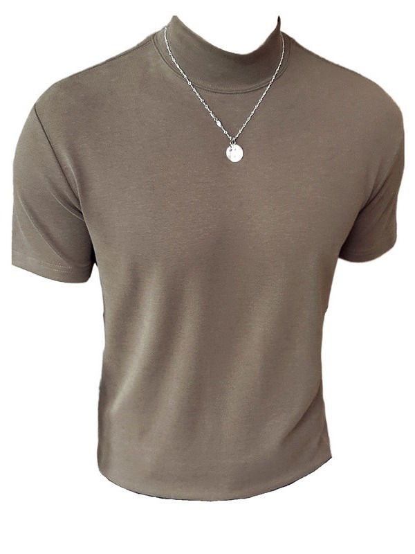 Ανδρικό T‑shirt με κοντό μανίκι, ψηλή λαιμόκοψη, βαμβακερή σύνθεση, μονόχρωμο, χαλαρή εφαρμογή