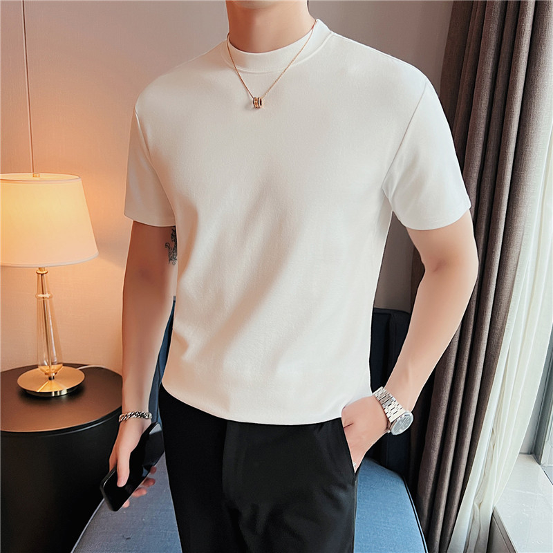 Ανδρικό T‑shirt με κοντό μανίκι, ψηλή λαιμόκοψη, βαμβακερή σύνθεση, μονόχρωμο, χαλαρή εφαρμογή