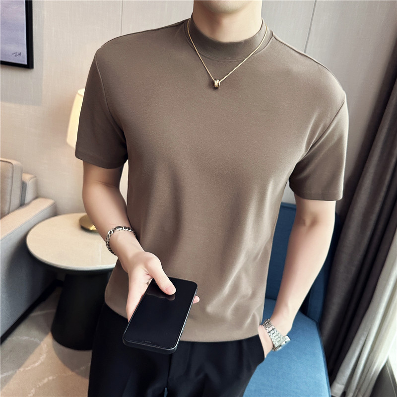 Ανδρικό T‑shirt με κοντό μανίκι, ψηλή λαιμόκοψη, βαμβακερή σύνθεση, μονόχρωμο, χαλαρή εφαρμογή