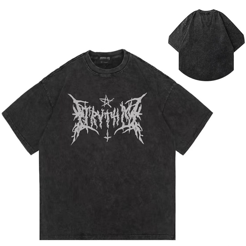 Ανδρικό κοντομάνικο T-shirt από βαμβάκι, αμερικανικού στυλ, πλυμένο εφέ, φαρδιά γραμμή, καλοκαίρι
