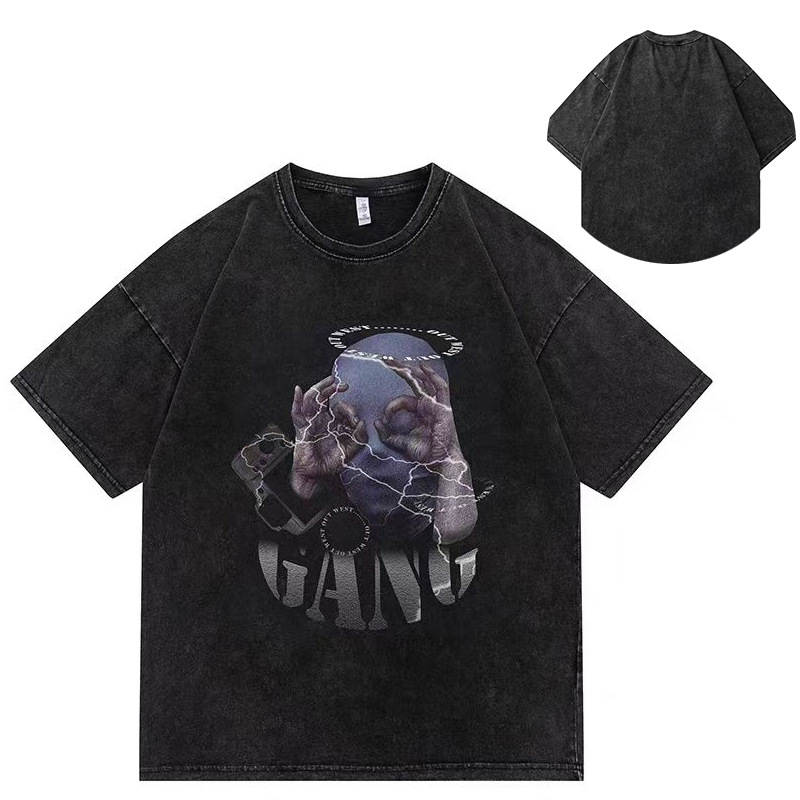 Ανδρικό κοντομάνικο T-shirt από βαμβάκι, αμερικανικού στυλ, πλυμένο εφέ, φαρδιά γραμμή, καλοκαίρι