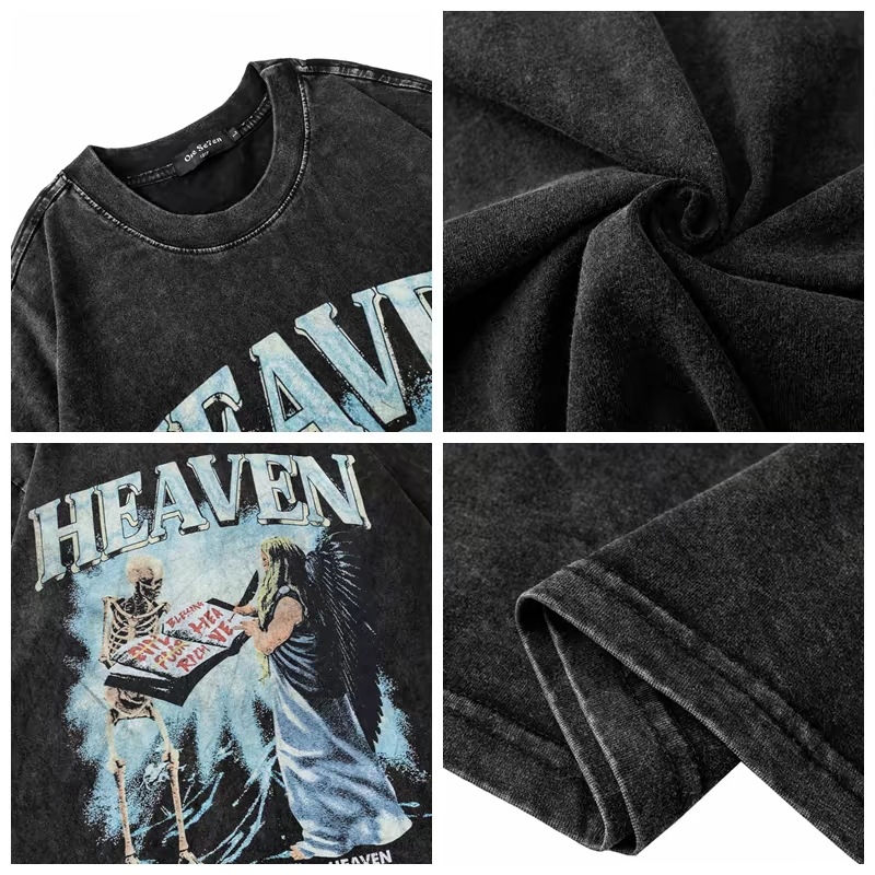 Ανδρικό κοντομάνικο T-shirt από βαμβάκι, αμερικανικού στυλ, πλυμένο εφέ, φαρδιά γραμμή, καλοκαίρι