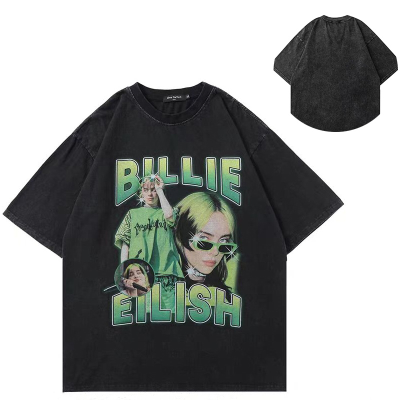 Ανδρικό κοντομάνικο T-shirt από βαμβάκι, αμερικανικού στυλ, πλυμένο εφέ, φαρδιά γραμμή, καλοκαίρι