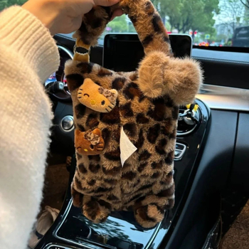 Retro držač maramica za auto s leopard printom i mačićem, viseća kutija za maramice