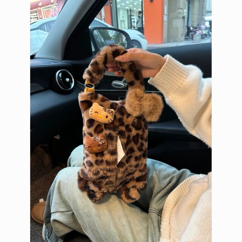 Retro držač maramica za auto s leopard printom i mačićem, viseća kutija za maramice