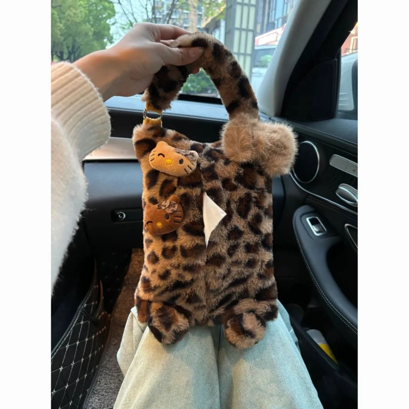 Retro držač maramica za auto s leopard printom i mačićem, viseća kutija za maramice