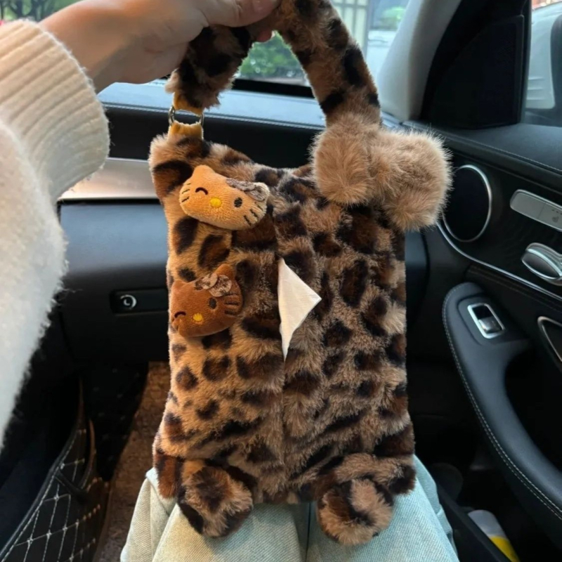 Retro držač maramica za auto s leopard printom i mačićem, viseća kutija za maramice