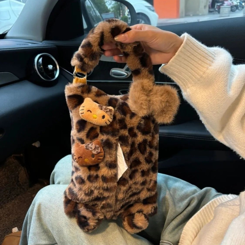 Retro držač maramica za auto s leopard printom i mačićem, viseća kutija za maramice