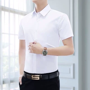 Ανδρικό λευκό κοντομάνικο πουκάμισο, slim fit, κορεατικό στυλ, επιχειρηματικό casual