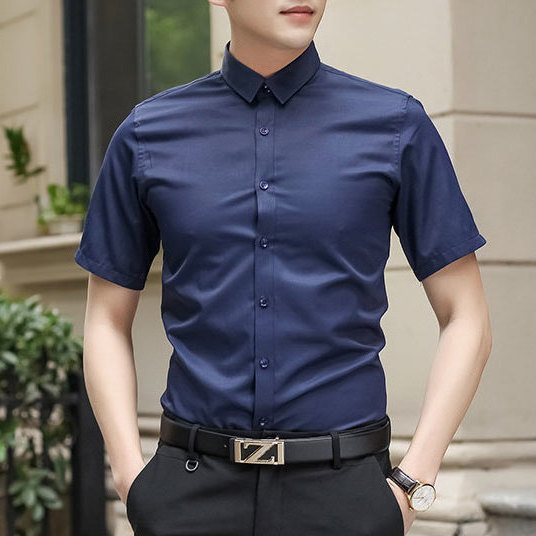 Ανδρικό λευκό κοντομάνικο πουκάμισο, slim fit, κορεατικό στυλ, επιχειρηματικό casual