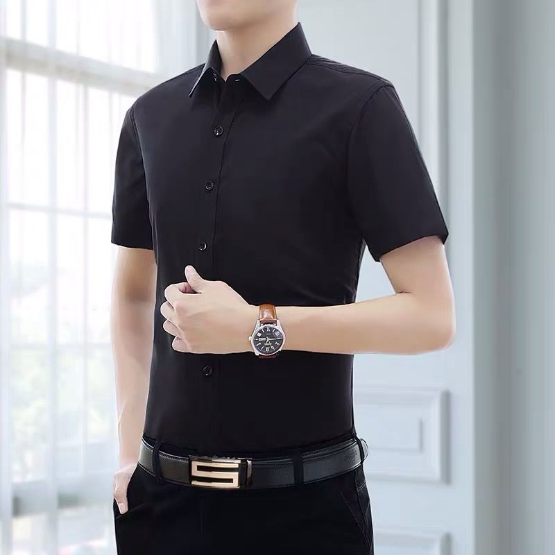 Ανδρικό λευκό κοντομάνικο πουκάμισο, slim fit, κορεατικό στυλ, επιχειρηματικό casual