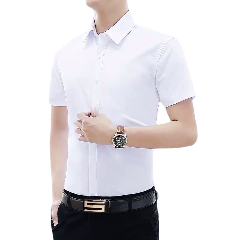 Ανδρικό λευκό κοντομάνικο πουκάμισο, slim fit, κορεατικό στυλ, επιχειρηματικό casual