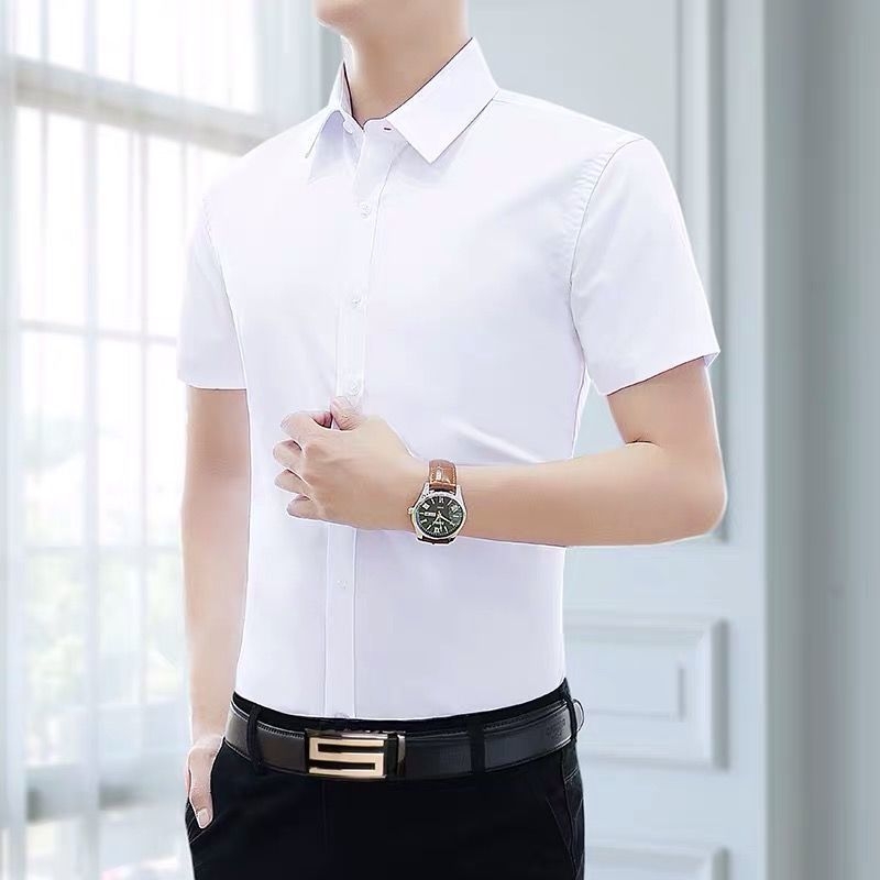 Ανδρικό λευκό κοντομάνικο πουκάμισο, slim fit, κορεατικό στυλ, επιχειρηματικό casual