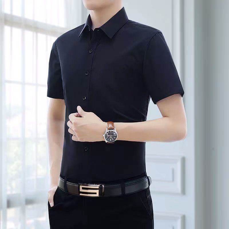 Ανδρικό λευκό κοντομάνικο πουκάμισο, slim fit, κορεατικό στυλ, επιχειρηματικό casual