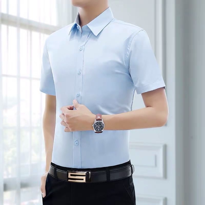 Ανδρικό λευκό κοντομάνικο πουκάμισο, slim fit, κορεατικό στυλ, επιχειρηματικό casual