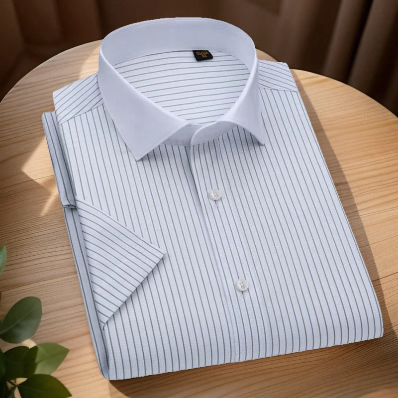 Muška košulja s kratkim rukavima, bez glačanja, prugasta s blokom boja i kvadratnim ovratnikom, slim fit