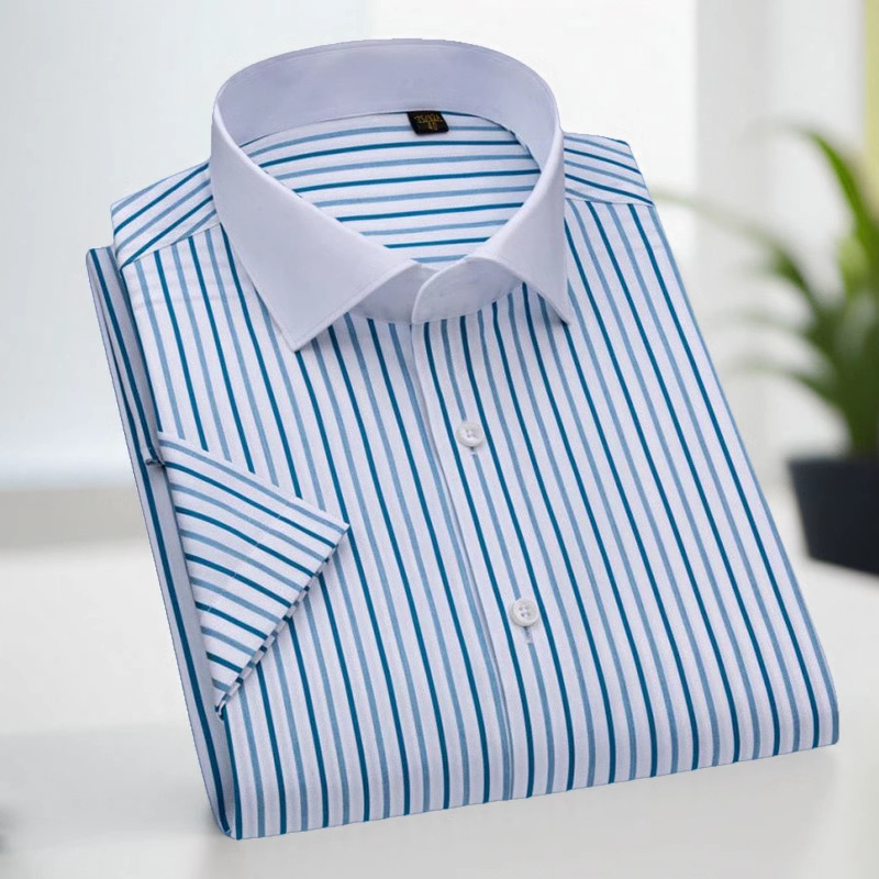 Muška košulja s kratkim rukavima, bez glačanja, prugasta s blokom boja i kvadratnim ovratnikom, slim fit