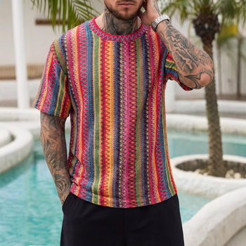 Muška ljetna majica s jacquard uzorkom, okrugli izrez, kratki rukavi — opušten stil