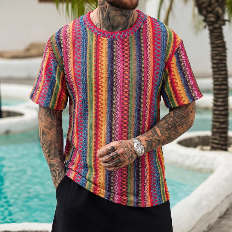 Muška ljetna majica s jacquard uzorkom, okrugli izrez, kratki rukavi — opušten stil