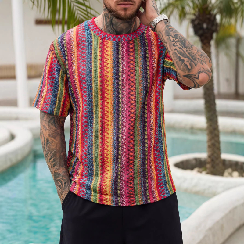 Muška ljetna majica s jacquard uzorkom, okrugli izrez, kratki rukavi — opušten stil