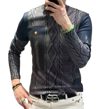 Muška dugačka majica s europskim printom, baršunaste teksture, slim-fit kroj, toplom flis podstavom